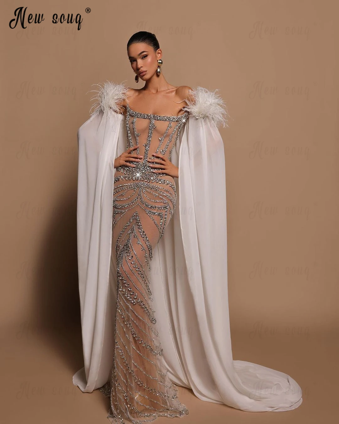 Feather Detachable Long Cape Sleeve Evening Dress Heavy Beaded Muslim Formal Celebrity Dresses Luxury Prom Party Gowns 2024