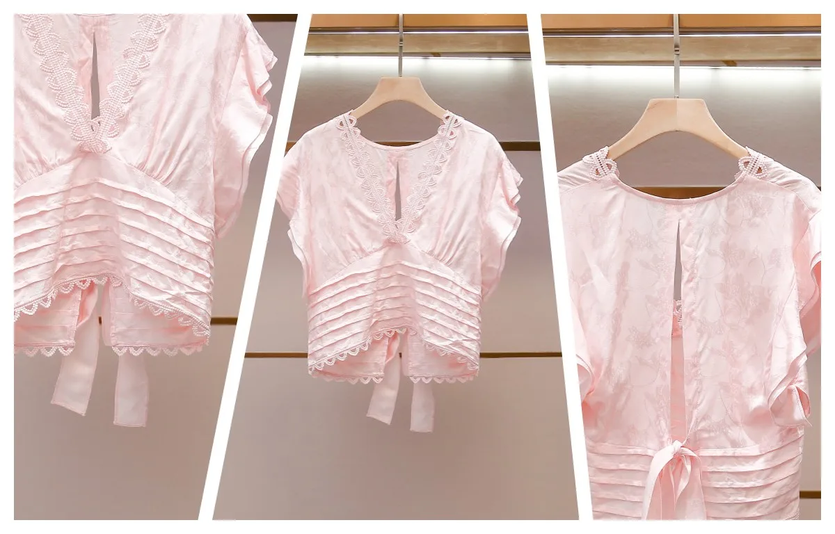 

Summer 2026 Pink Blouse Women Double Layered Ruffles Flying Sleeve Back Lace-Up V-Neck Lady Waist-Cinching Top