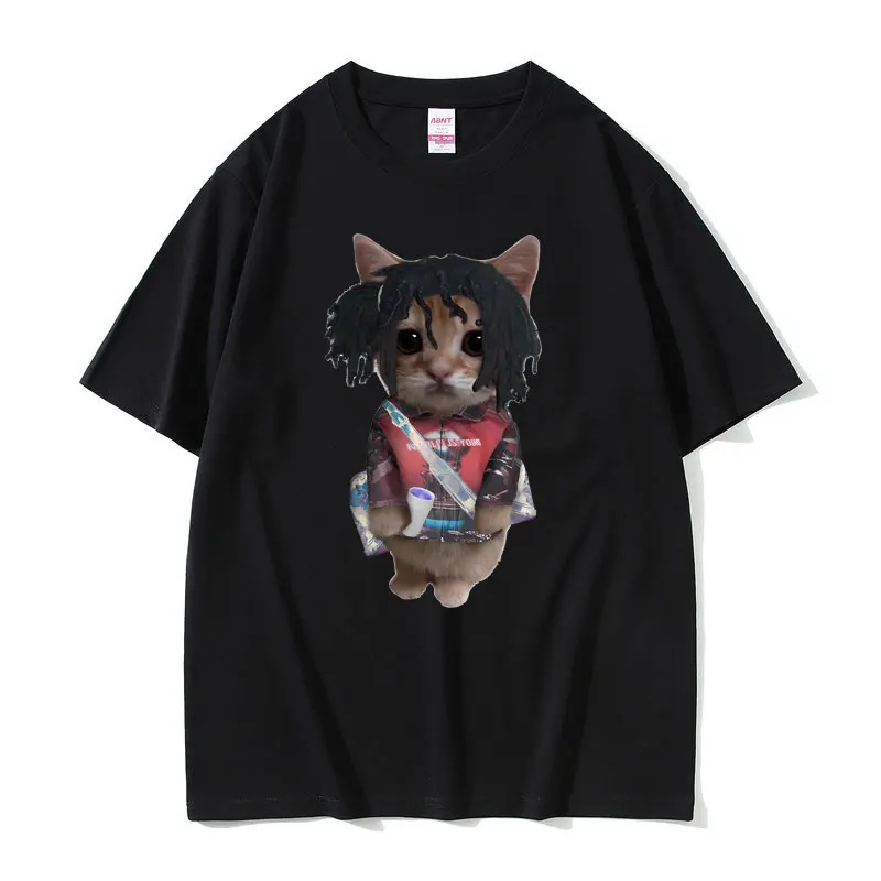 Funny Rapper Lucki Kitty Print Tshirt Men Hip Hop Rap Street T Shirt Man Summer Oversized T-shirts Male Vintage O-collar Tees