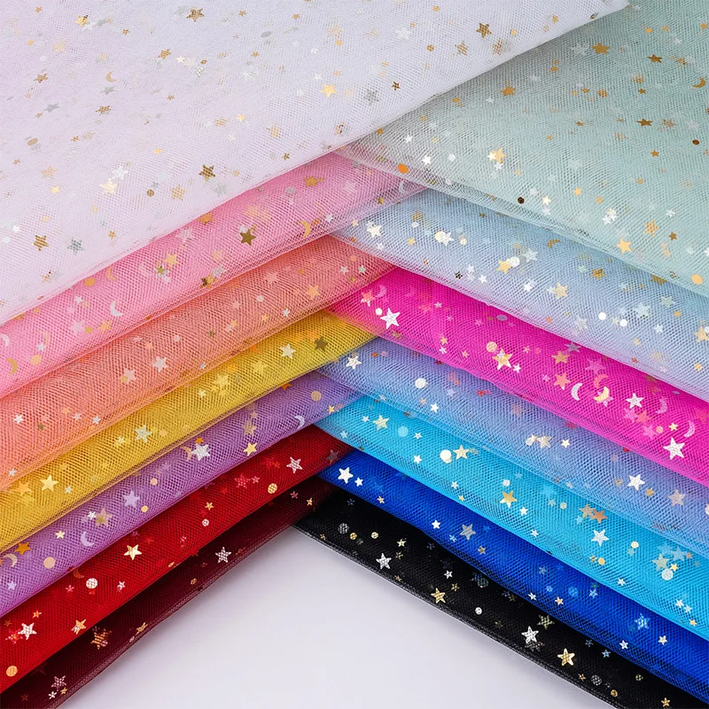 500×150cm Colorful Glitter Star Moon Tulle Fabric Girl Skirt Decoration Hand DIY Stage Clothing Window Gift Wrapping Curtain