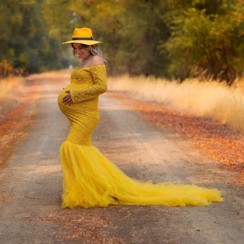 

Long Sleeve Maternity Dresses for Photo Shoot Sexy Off Shoulder Lace Pregnancy Maxi Gown Dresses Pregnant Women Photography Prop