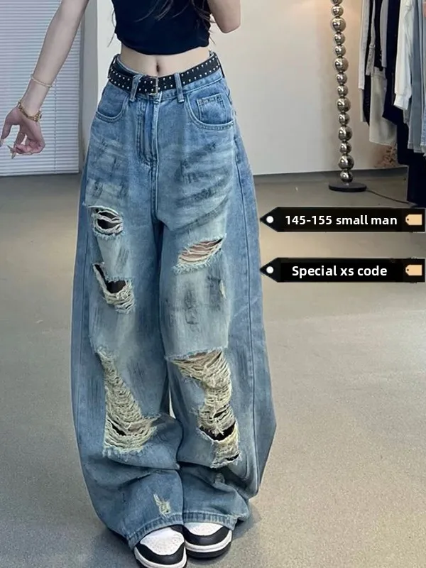 American High Street Sle Damen-Sommer-Jeans mit lockerem, weitem Bein, zerrissene Denim-Hosen, lässiges Vintage-Design, kleine Größe, freundlich