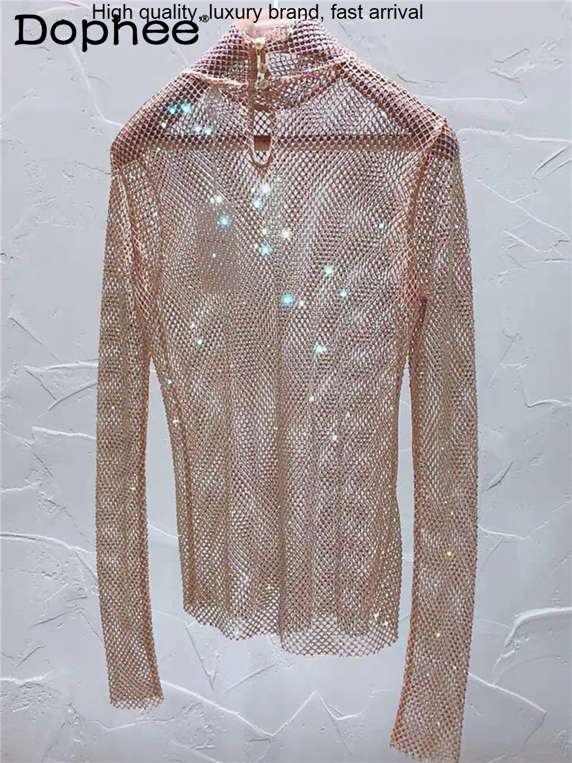 

Diamond Sexy Colorful See-through Bling Shiny T-shirt Women Stand Collar Long Sleeve Pink Bottoming Shirt Party Nightclub Tops