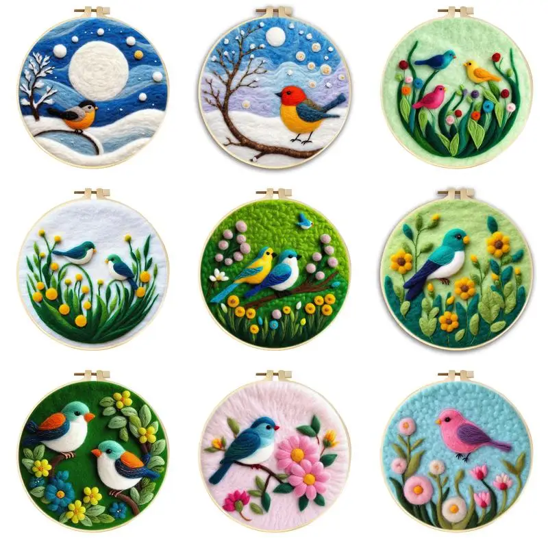 

SDOYUNO-Needles Felting Kits Birds Embroidery Frame For Beginners Craft Supplies Needlework Felt Stitch Set For Handicraft Gifts