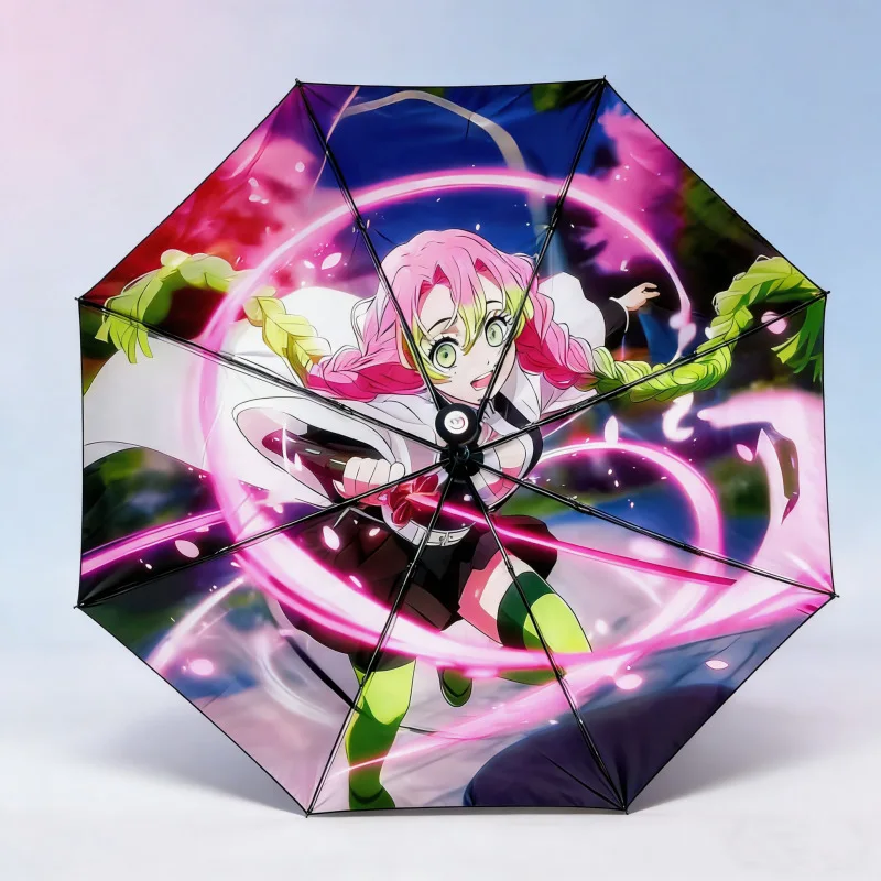 Anime Dämon Transparenter Kompakter Tragbarer Automatischer Dreifach-Faltbarer Regenschirm Kanroji Mitsuri Sonnenschutz-Regenschirm Bedruckter Regenschirm Geschenk