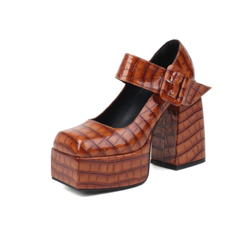 Lady Mary Jane Formal shoes for women Thick Heel Platform Hook & Loop Metal Buckle Square toes High-heeled shoes