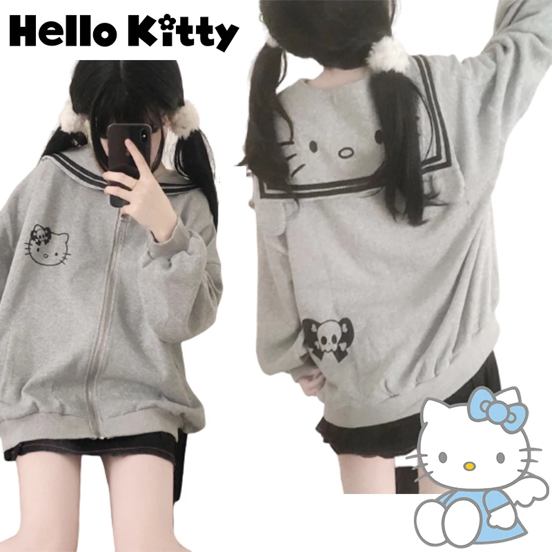Hello Kitty Zipper Jacket Navy Collar Sanrioed Anime Kawaii Cardigan Hoodie Cotton Spring Girls Coat Japanese Loose Casual Cute