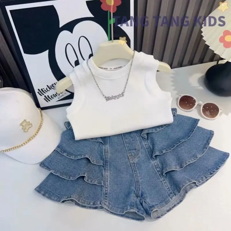 Spring Girls Suit Kids Top + Ripped pearl Denim Pants 2pcs Clothing Set Clothes Outfit 3 4 5 T 2022 New