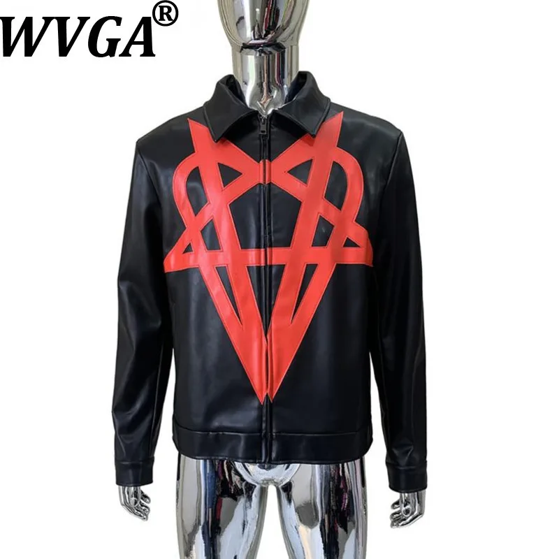 

WVGA Autumn Winter New Men Turn-Down Collar Pattern Trendy Color Block Heavy PU Leather Jacket Niche Chic Casual Coat Ins W15423