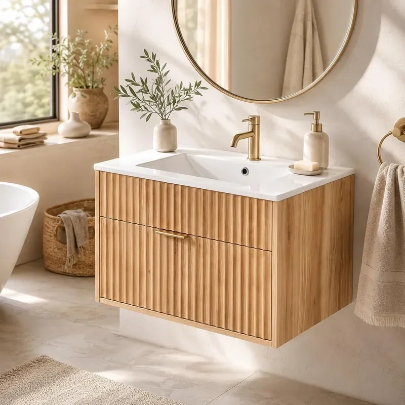 24 Inch Floating Bathroom Vanity with Sink Wall Mounted Natural Oak Cabinet with Fluted Drawer Full Extension Storage a