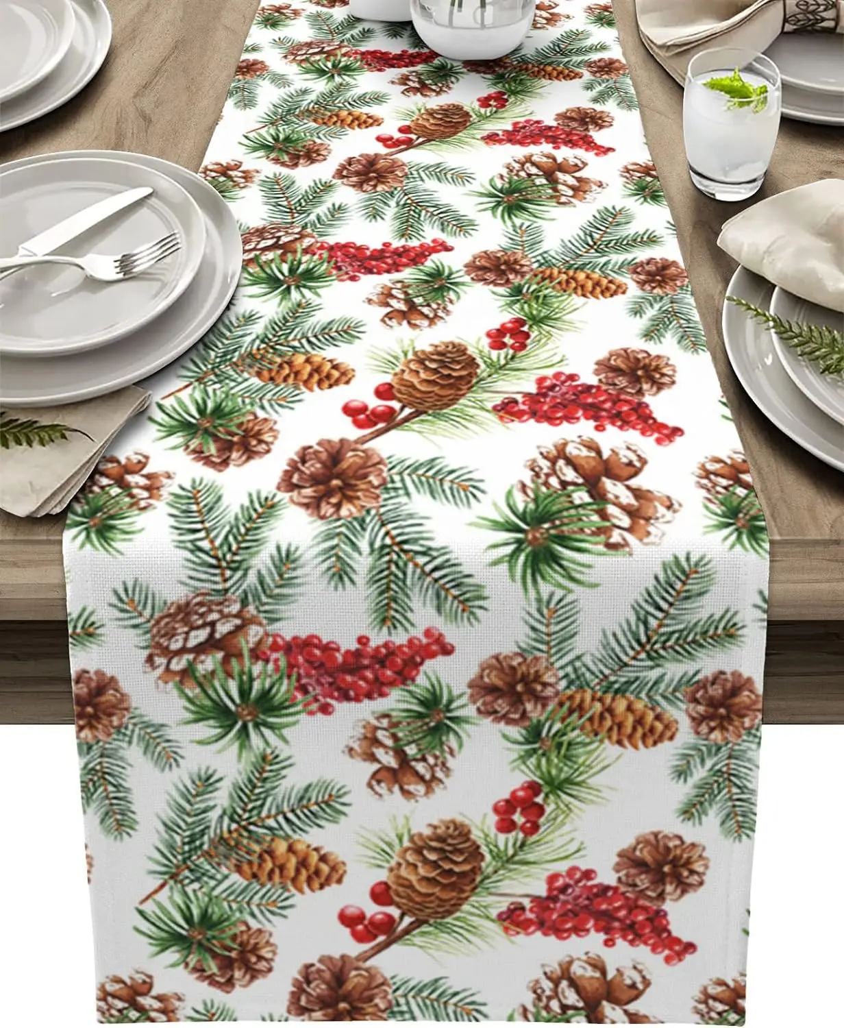 Christmas Pine Cones Needles Linen Table Runners Dresser Scarves Table Decor Xmas Dining Table Runners Christmas Decorations