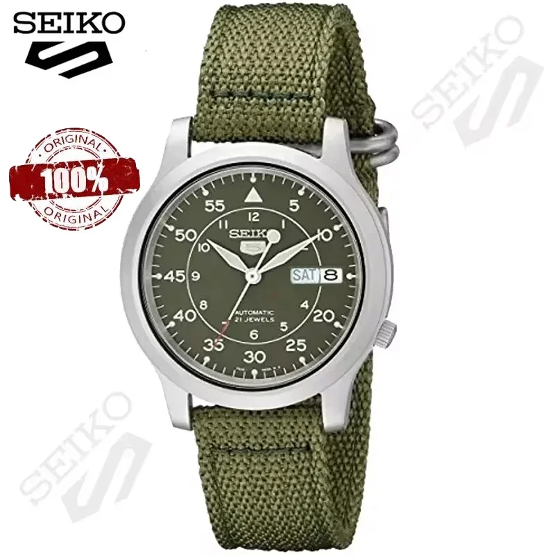 Original SEIKO SNK805 Automatic Stainless Steel Watch with Green Canvas Quartz Watch Fashion Casual Watch 5