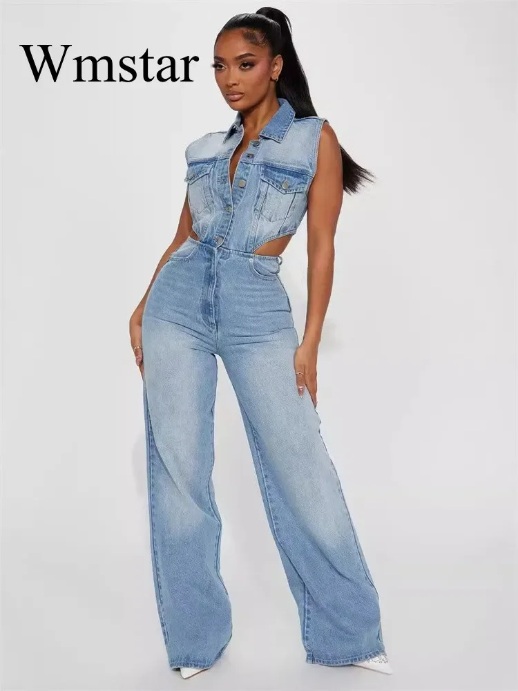 Wmstar Women Jumpsuit Sexy Revealing Waist Tight Waist Slim Fit Elastic Straight Tube Loose Wash Denim Wholesale Dropshipping