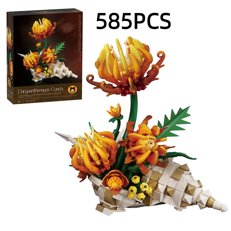 

585PCS Chrysanthemum Conch MOC Flower Building Blocks Desktop Potted DIY Bricks Gift For Adults Kids Home Decor