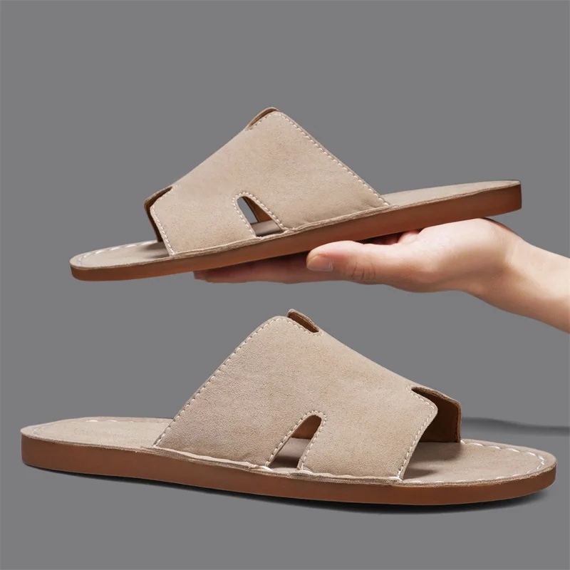 Men's Summer Casual Slip-On Sandals Breathable Outdoor Beach Shoes Large Size Comfortable Suede Leather Outdoor Men's Slippers