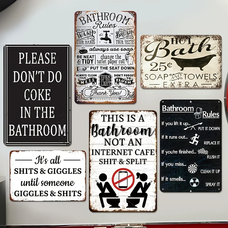 Decorative Sign & Plaque 6pcs Funny Satirical Metal Bathroom Sign Set, Retro Style Wall Art, Suitable for Restroom Decor, 30.48X