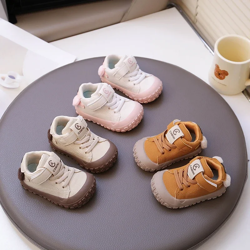 Baby Cute Fuzzy‑Ear Decor Sneakers Anti‑Collision Toe Magic Tape Soft Sole Toddler Walking Shoes