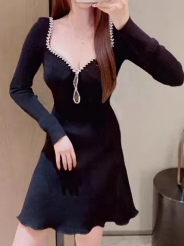 

Вязаное платье с V-образным вырезом, длинными рукавами, завышенной талией, А-силуэта, осеннее, элегантное, женственное, DBNY Quali