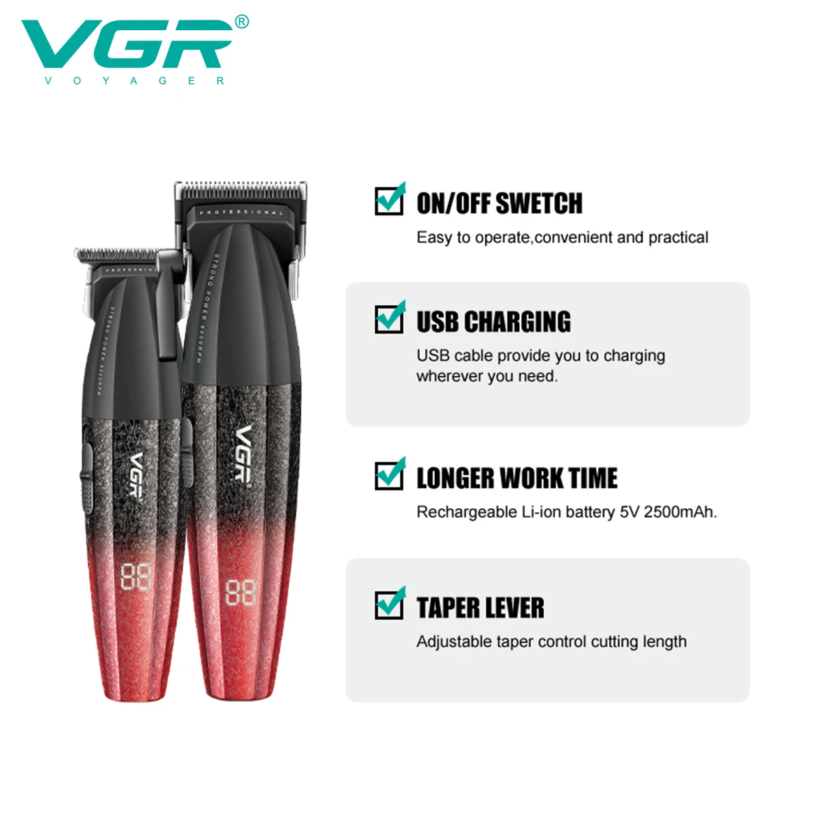 VGR Barber Clippers Professional Hair Trimmer Cordless Hair Cutting Machine 9000 RPM Adjustable Haircut Clipper for Men V-640