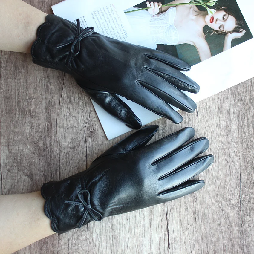 Fashion New Women's Leather Gloves Touch Screen Sheepskin Velvet Lining Autumn and Winter Thick Outdoor Cycling Warm Gloves