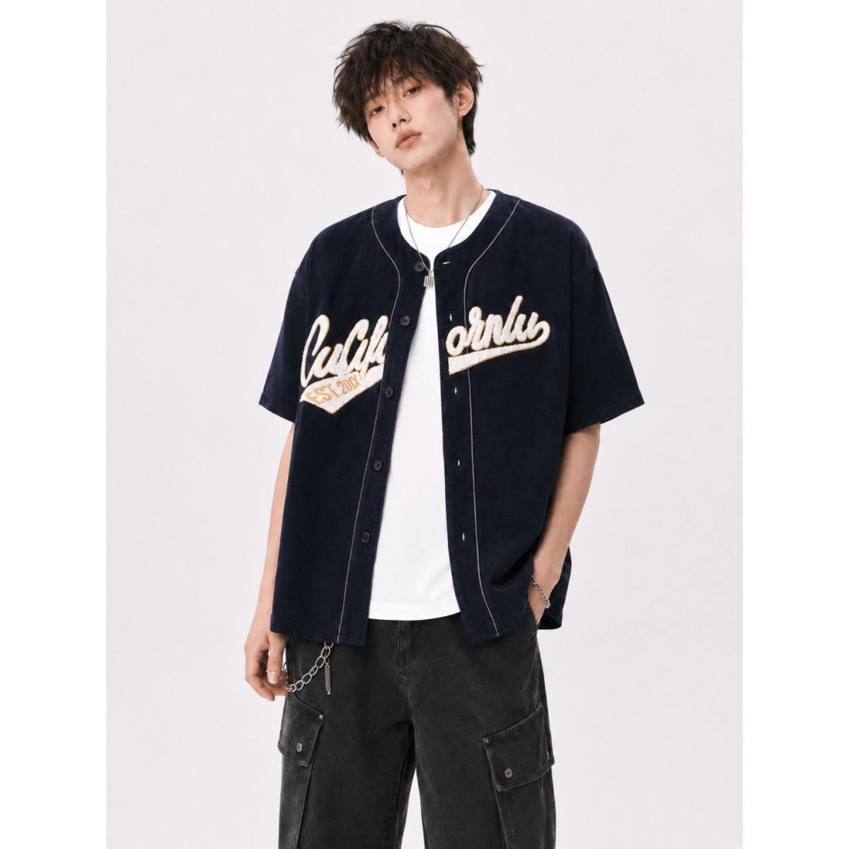 

American Style Summer Short Sleeve Baseball Jacket Men's Retro Street Simple Commute Casual Sports Shirt Open Cardigan
