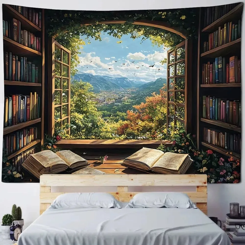 VIKAMA Verträumte Fensteransicht Wandteppich Kunst Heimatmosphäre Schlafzimmer Bettkopf Wohnzimmer Hintergrund Wanddekoration