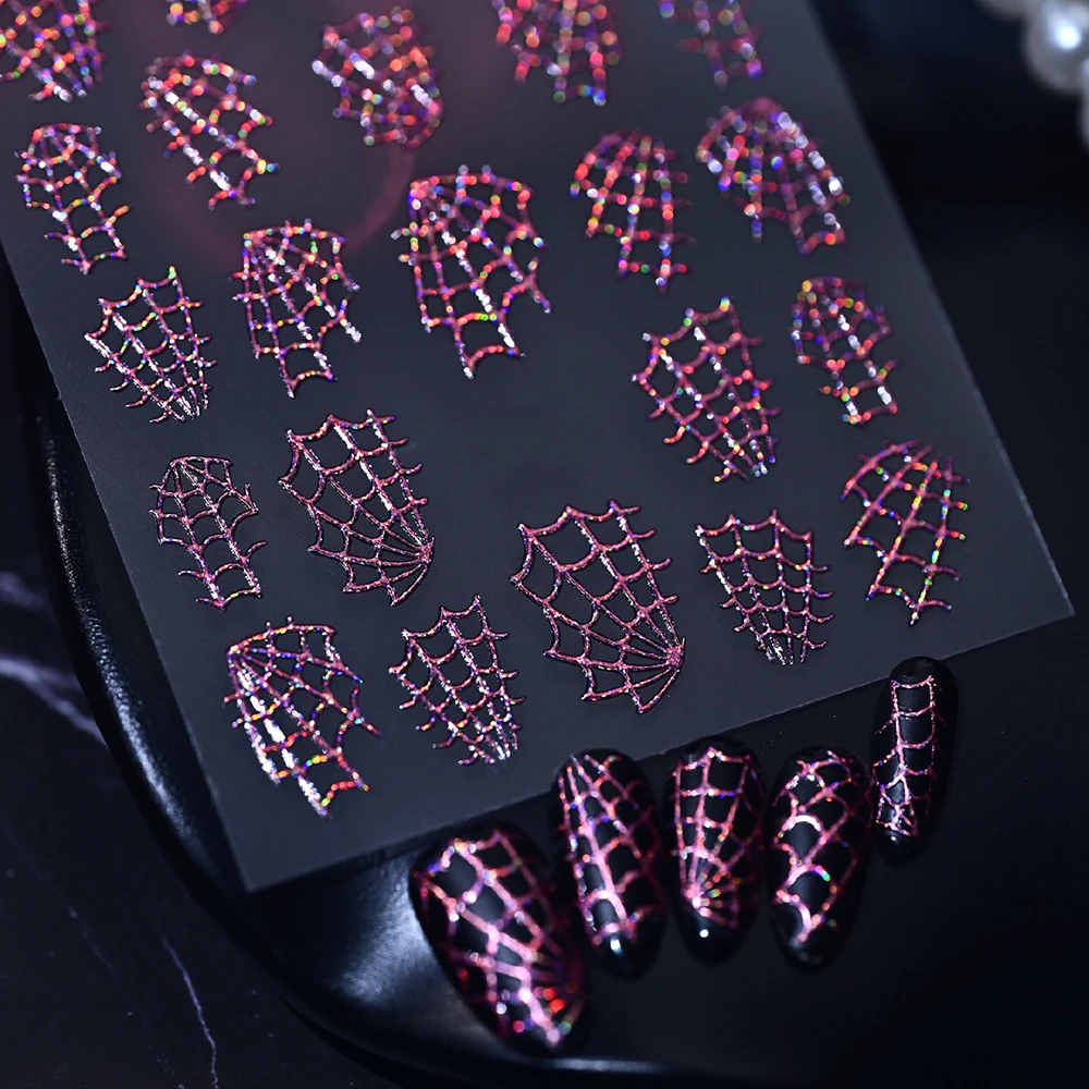 1 Blatt 3D Holographische Glitzer-Spinnennetz-Nagelaufkleber Halloween Glänzende Laser-Spinnennetz-Nagelsticker Selbstklebende Nageldekoration