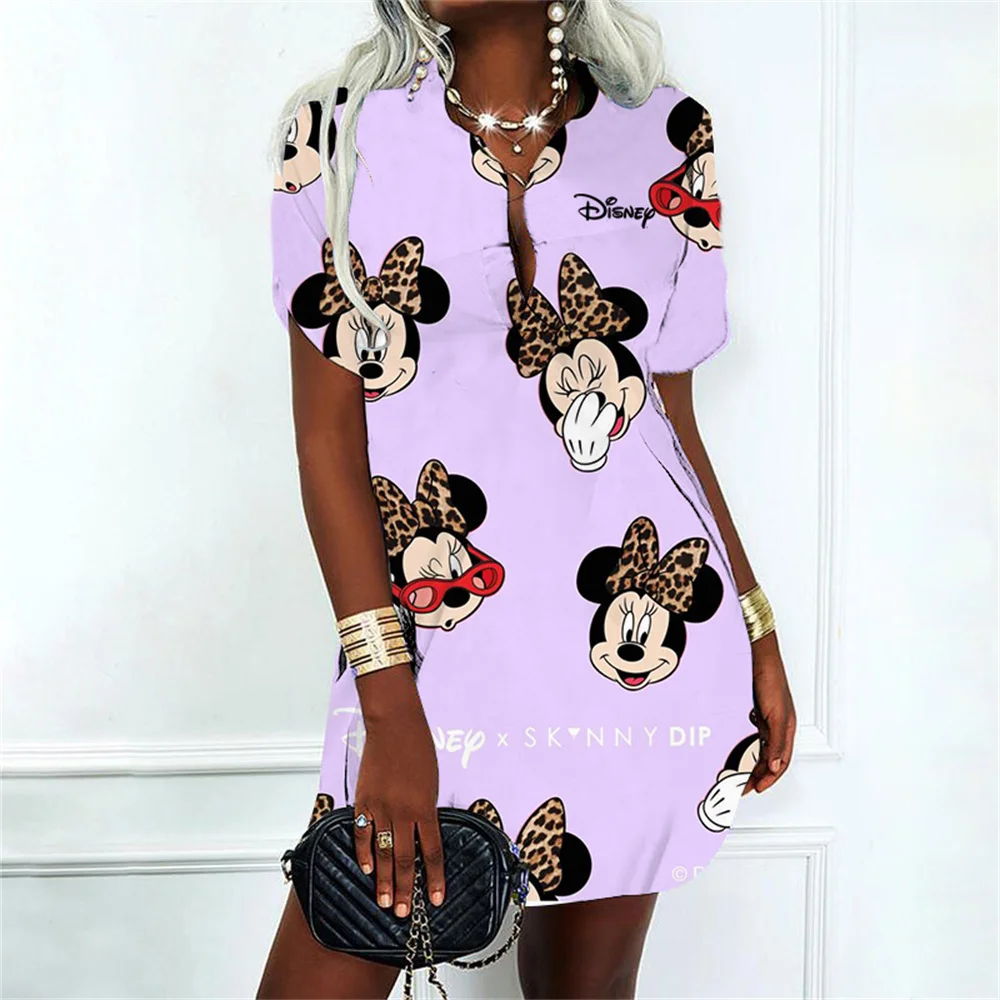 Korean Fashion Elegant Women\'s Dresses for Party 2024 Dress Polo Shirts Woman Clothes V-Neck Mickey Disney Y2k Minnie Mouse Sexy