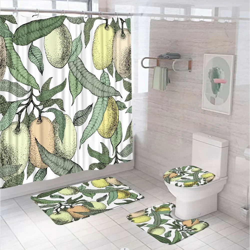 4Pcs Tropical Passion Fruit Shower Curtain Set Green Leaves Plant Bathroom Decor Screen Anti-slip Bath Mat Toilet Lid Cover Rug