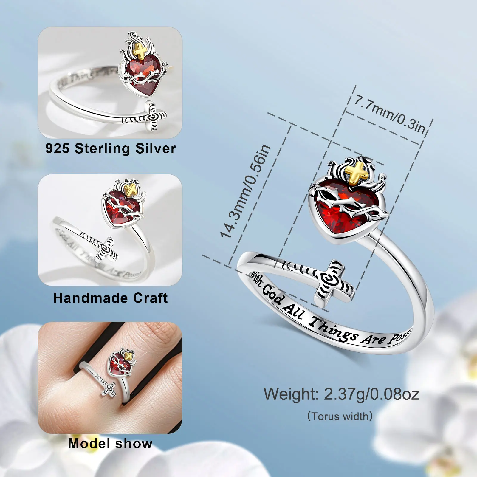 Eudora 925 Sterling Silver Sacred Heart of Jesus Adjustable Ring Cross Ring God's Love Amulet Jewelry Christian Gift for Women