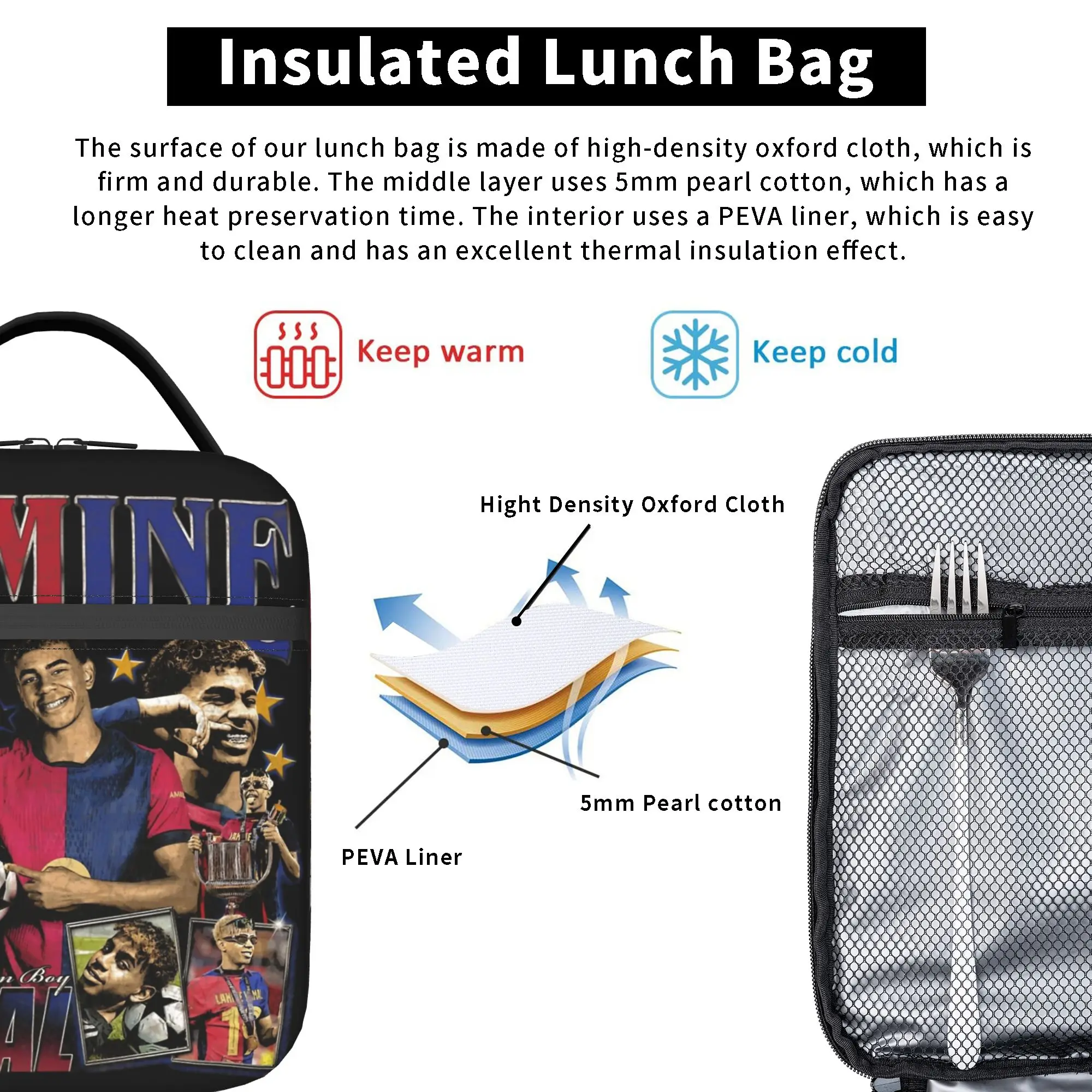 Lamine Y-Yamal Isolierte Lunchtasche, große Fußball- und Fußball-Thermotasche, wiederverwendbare Thermotasche, Lunchbox-Tragetasche, Schule, Reisen, Lebensmitteltasche – Detail 5