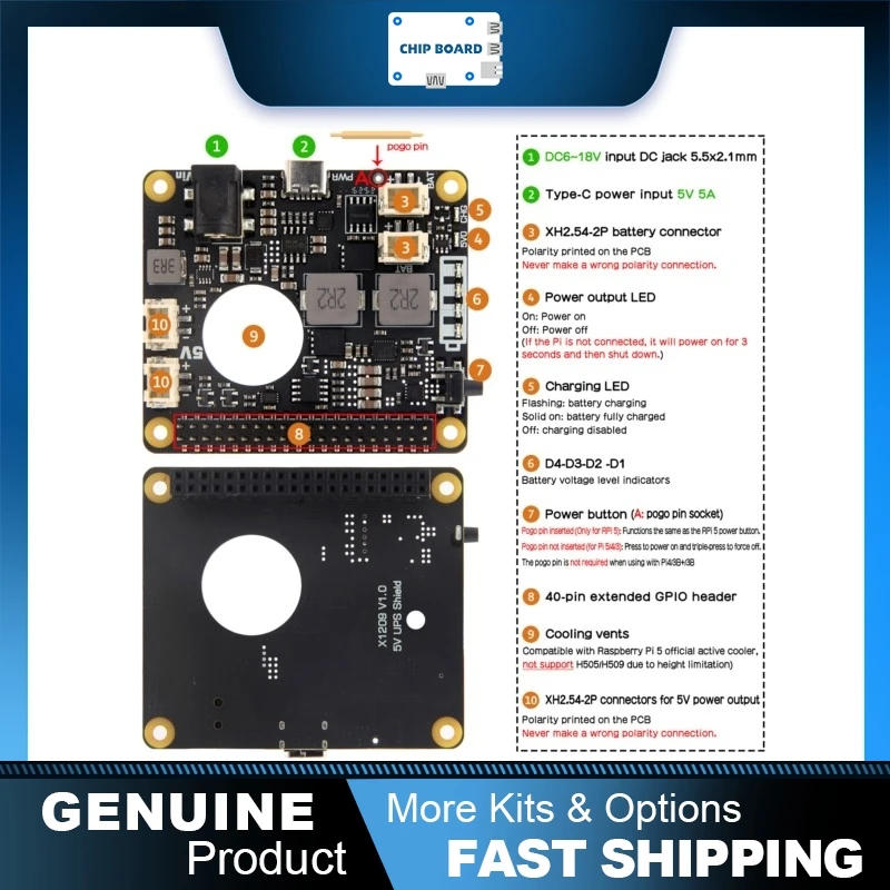 Geekworm X1209 V1.0 Power Management Shield, 5V UPS Backup and Power Control Module for Raspberry Pi 5 / 4B / 3B