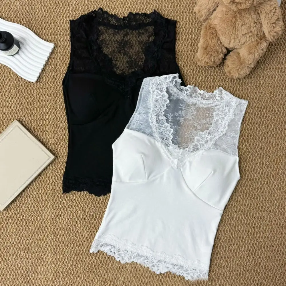 Mesh Transparent Lace Deep-v Camisole Thin Sleeveless Lace Crop Tops Undershirt Slim Fit Suspender Vest with Pads Streetwear