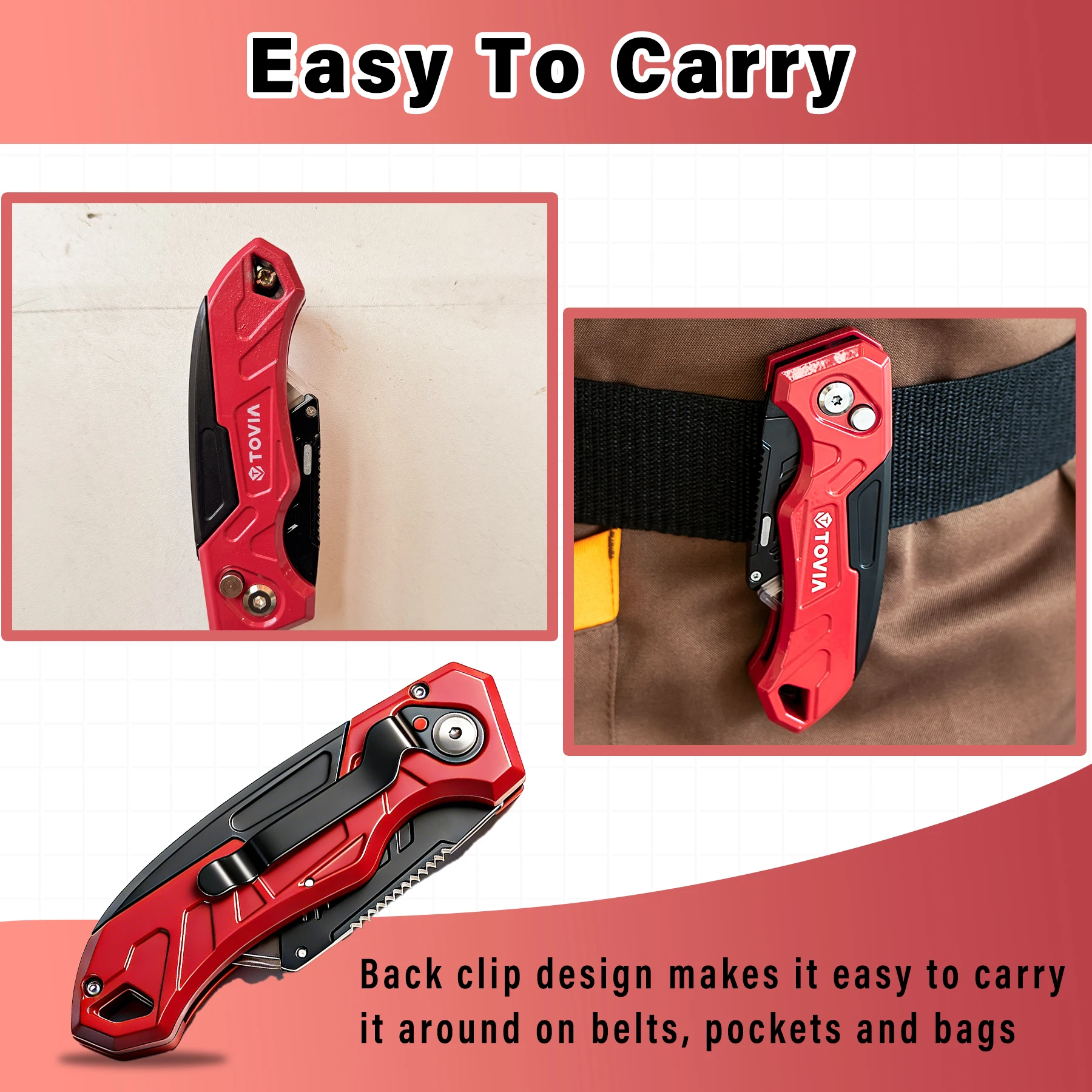 T TOVIA Folding Utility Knife with Blade Storage - Quick-Change Retractable Box Cutter, 3 Extra Blades in Handle, Aluminum Body. image 5