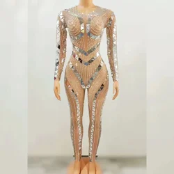 Dance Party Bodysuit Sexy Flashing Rhinestones Silver Sequins Mirror Transparent Jumpsuit Evening Birthday Celebrate Costume