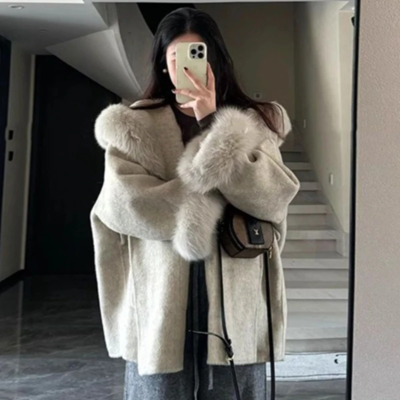 冬の韓国ファッション Y2k シックな女性のコート暖かい厚みのあるグレーの毛皮の襟ポケット付きウインドブレーカートレンチコート女性服