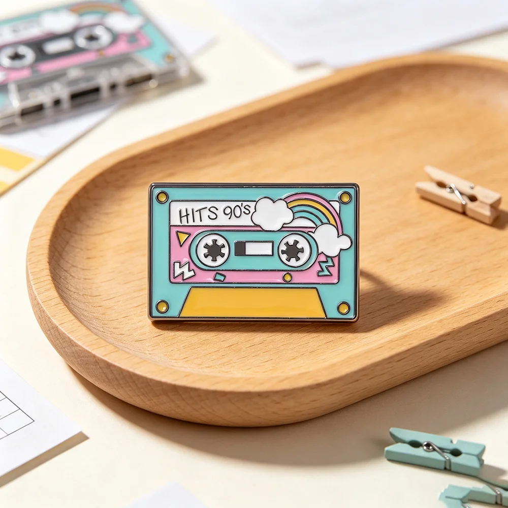 90s Retro Cassette Tape Enamel Pin, Rainbow Cloud Vintage Music Lapel Brooch, Colorful Nostalgic Badge Accessory Gift for Bags