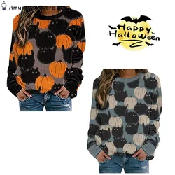 Halloween Gothic Pumpkin Pattern Sweater Women's Winter Warm Retro Kawaii Party Pullover Tops Long Sleeve Jumper Clothing