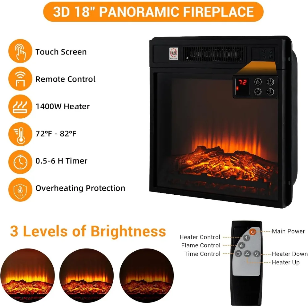 63인치 벽난로 TV 스탠드, 전기 벽난로(맨틀 포함), 사실적인 3D 화염 효과와 3단계 조절 가능한 조명이 있는 벽난로
