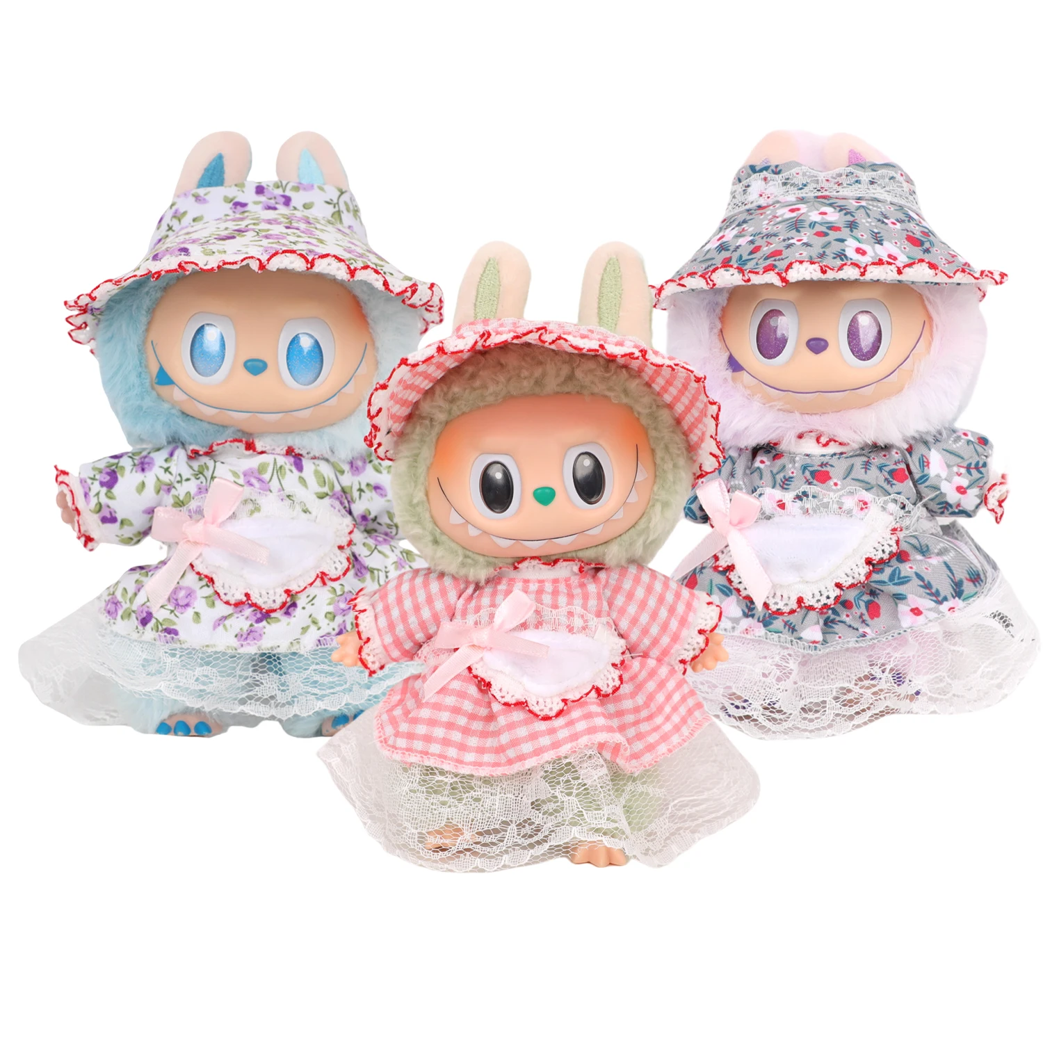 

Cute 17cm Labubu Doll Princess Dress Suit Flower Grid Skirt+Sun Hat+Bow Tie Bib For V1 V2 Labubu Dolls Cotton Toy Accessories