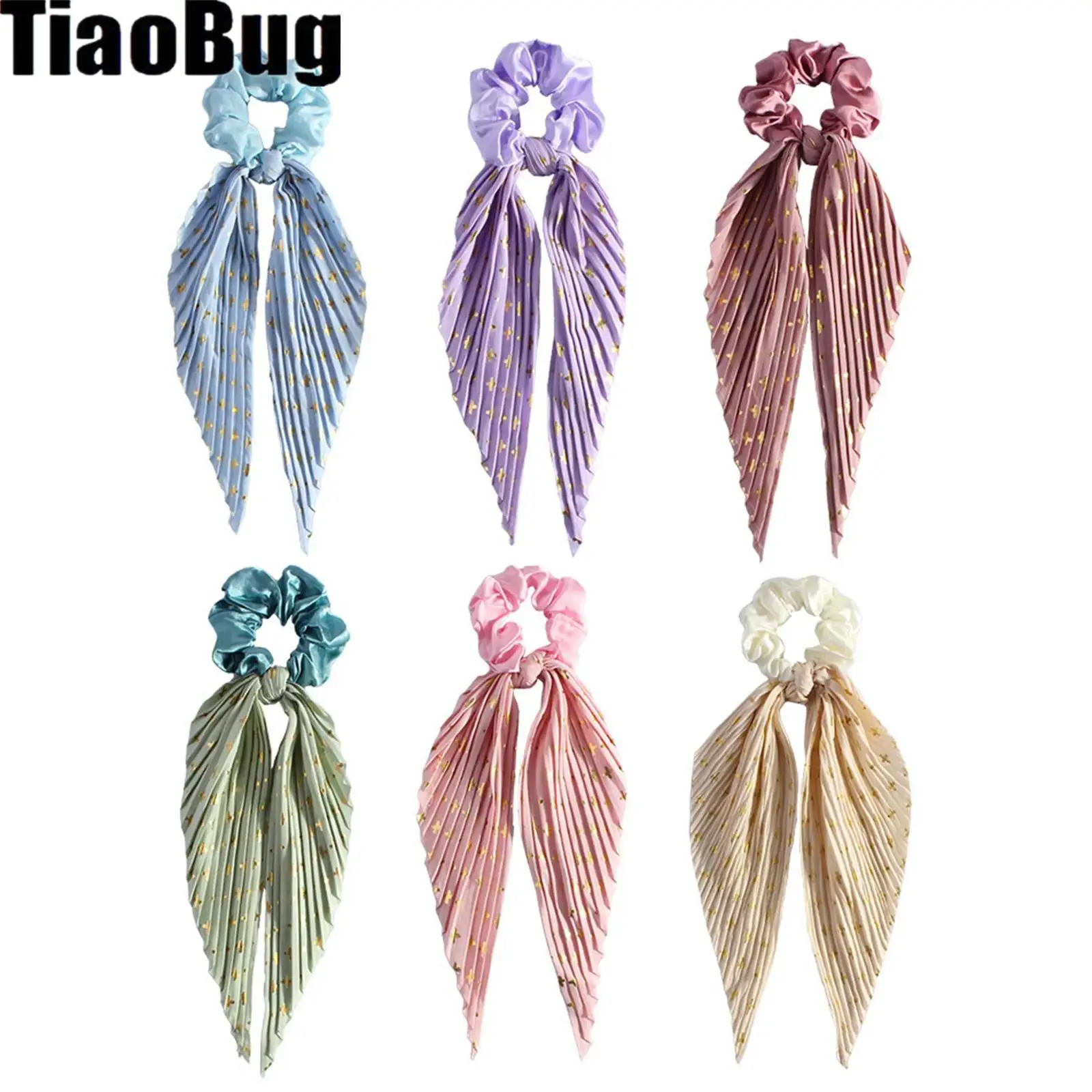 

3Pcs Vintage Pleated Bow Headgear with Gold Stars Print 3-Colors Hair Tie Ponytail for Women Girls