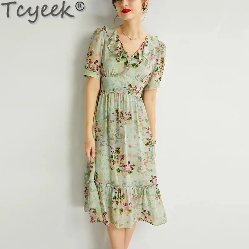 

Tcyeek 100% Mulberry Silk High-end es for Women Summer Clothes Elegant and Pretty Women's Floral Midi Dress Fashion