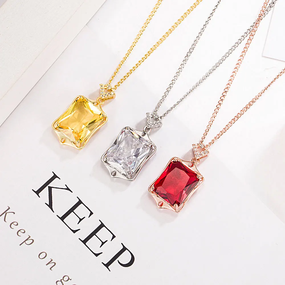 925 Sterling Silver Red White Yellow Rectangle Zircon Pendant Necklace Birthday Anniversary Party Gift