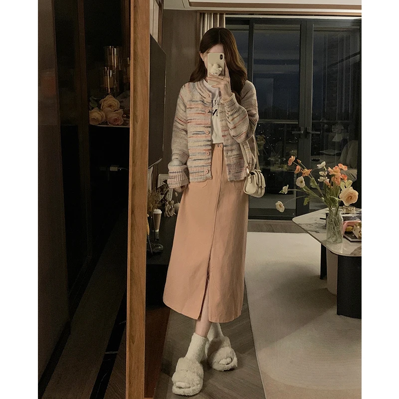

plus Size Sweater Cardigan Striped High Waist Split Skirt Two Piece Set Autumn New Style Sweet Fashion plus Siz...