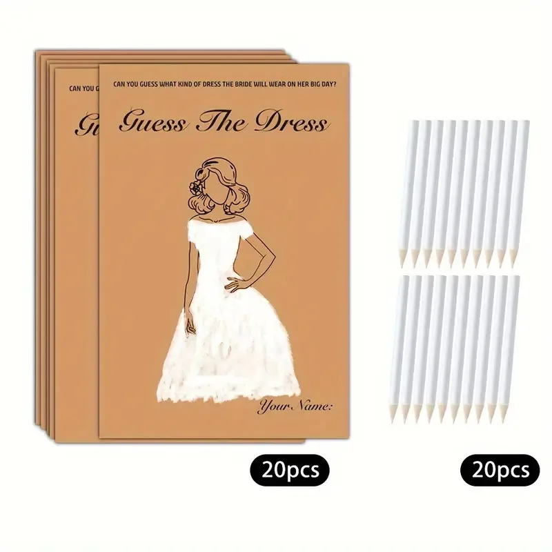 20pcs/Set Funny Guess The Dress Games Cards with Pencil Bridal Shower Wishing Card for Guest Wedding Engagement Party Decoration