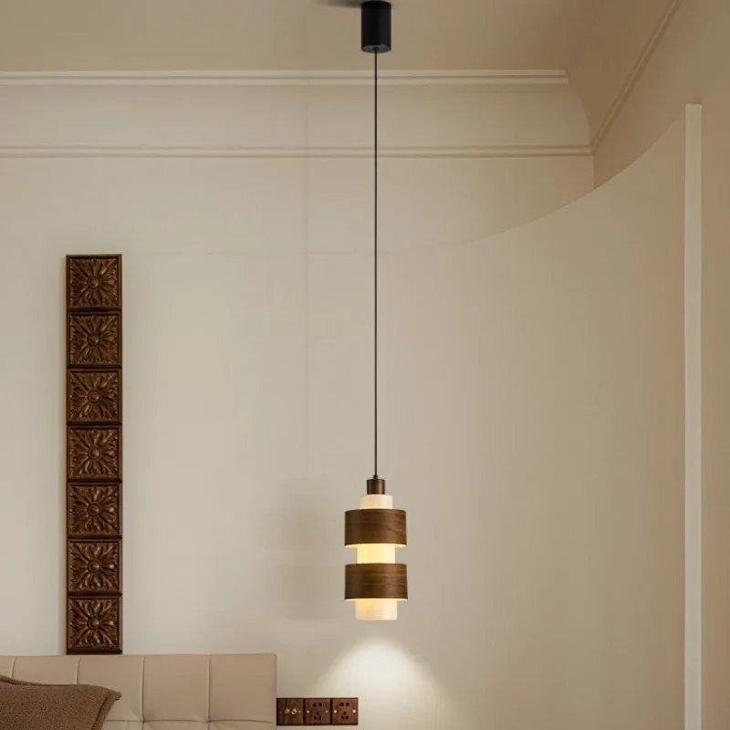 Wabi-sabi Style Walnut Color Bedroom Pendant Light Bar Counter Dining Room Bedside Study Glass Single-head Retro Hanging Lamps