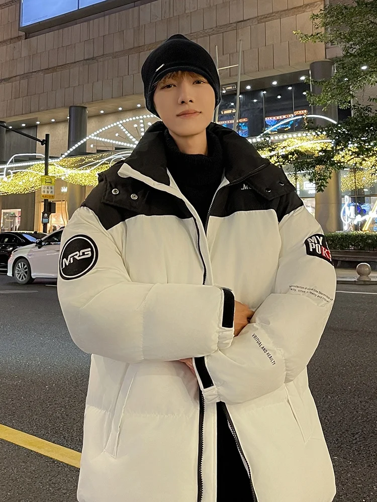 

Men's Hooded Cotton Jaet Winter Thi Warm Bread Sle Outerwear Casual Loose Fit Youthful Design Contrast Color Label