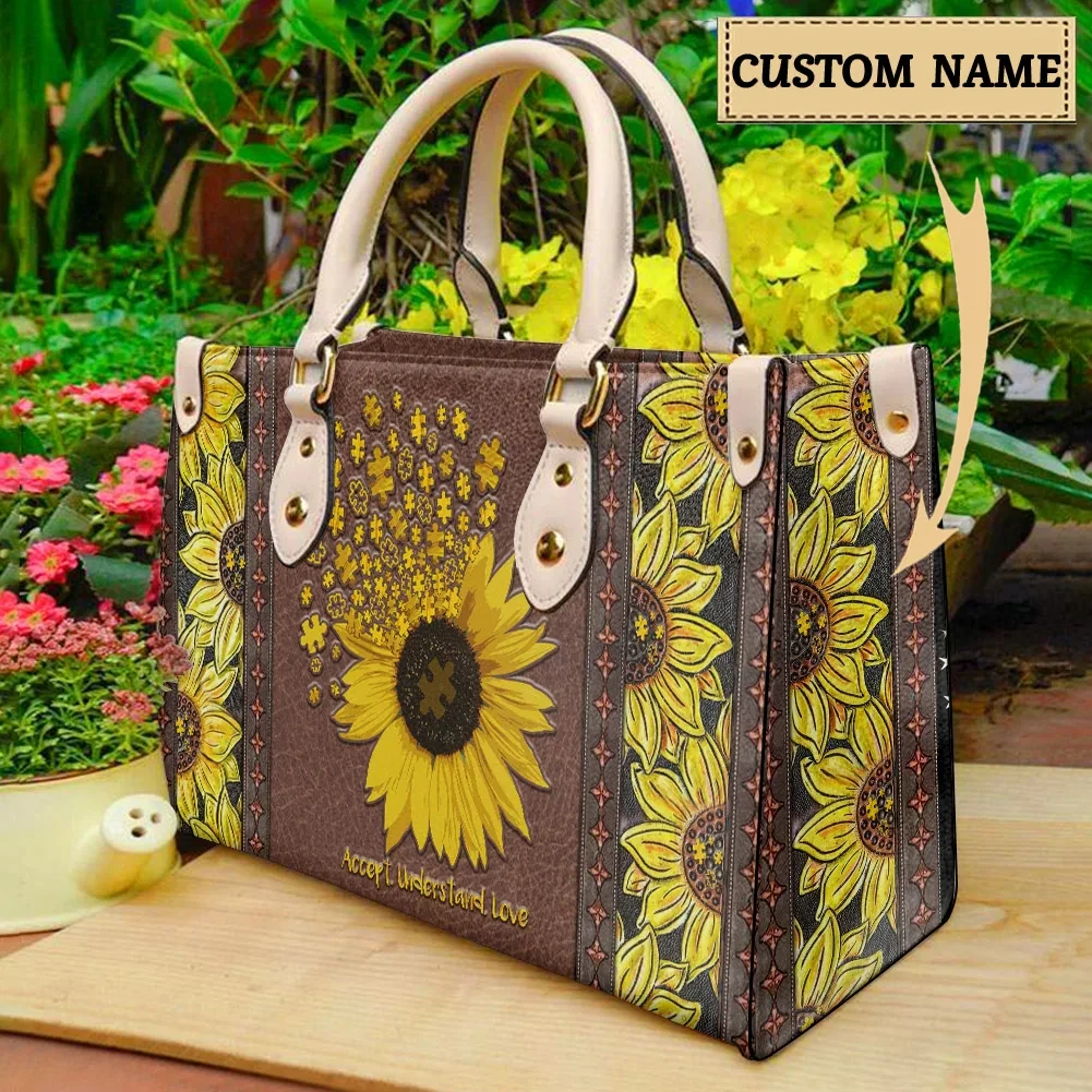 

Sunflower Peace Sign Ladies Handbags Autism Awareness Female Tote Bags Women's Shopper Bags Faith Hope Love Print Totes Mochila