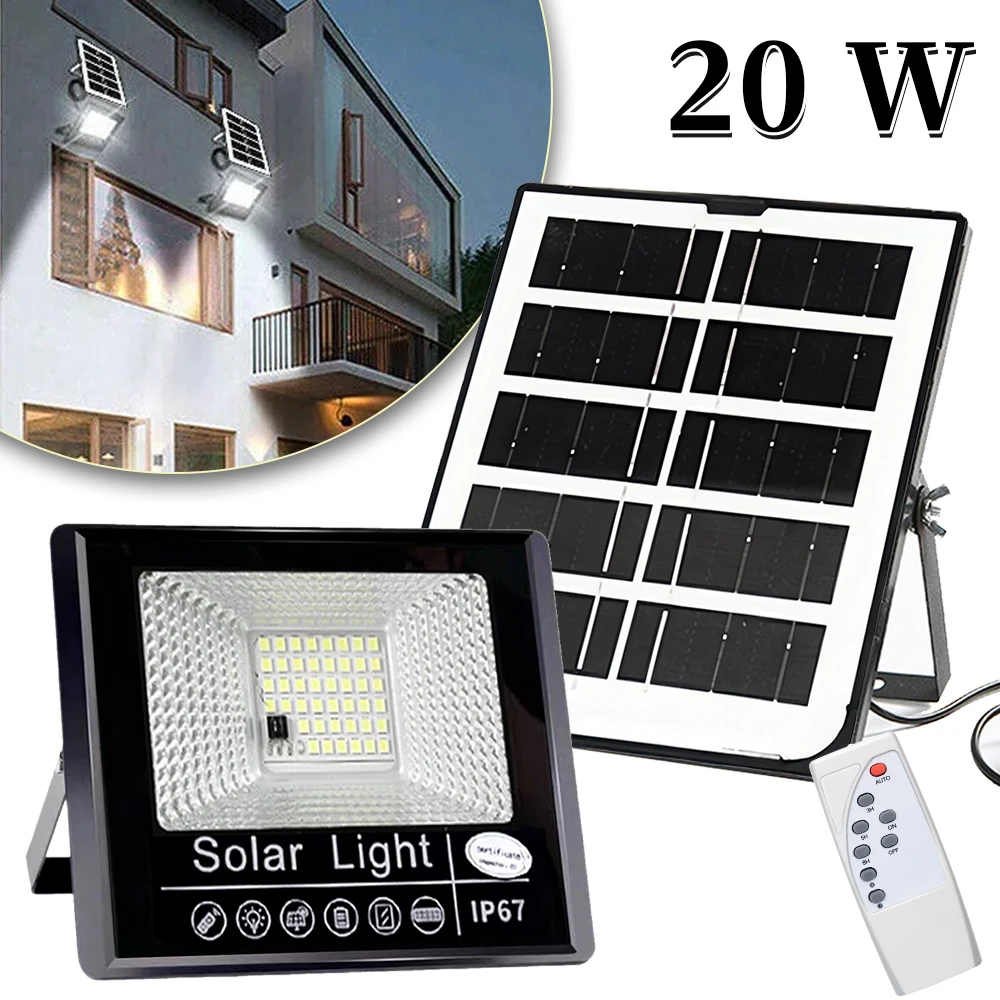 Reflector con control remoto de 50 W con energía solar - Foco impermeable IP67 + kit de luces de pared con reflector