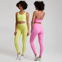 Conjunto de Yoga suave para mujer, ropa deportiva de entrenamiento, Sujetador deportivo de tirantes, Leggings de cintura alta, 2 piezas